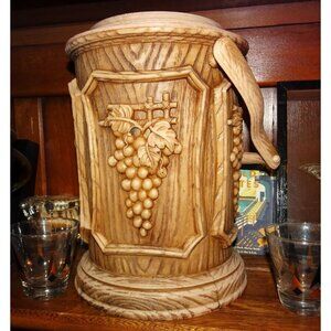 Vintage Brown Plastic Ice Bucket Faux Wood Grain Grape Bunches Carving Barware